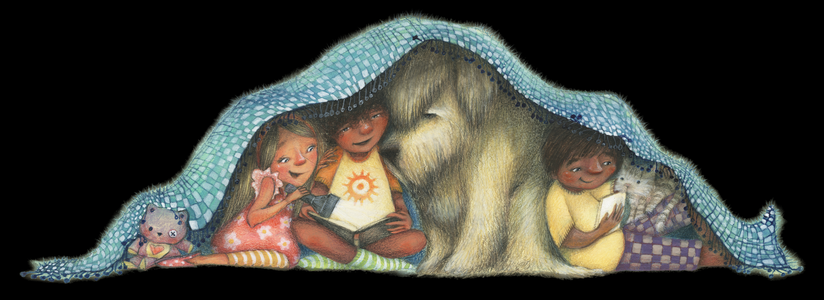 children of various skin tones reading books with a flashlight under a blanket with a dog and cat